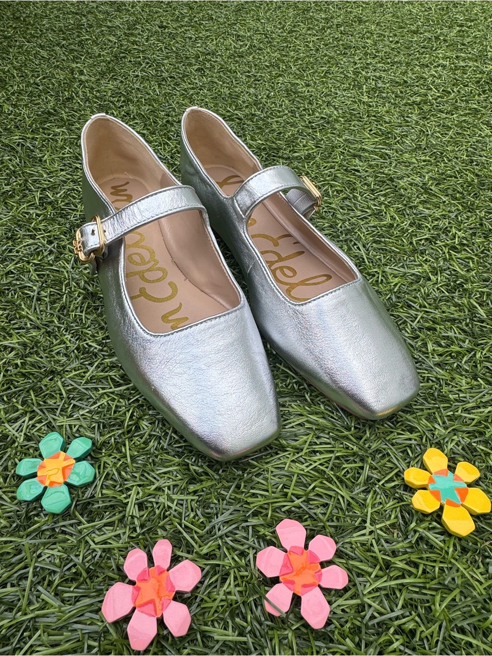 🩶🤍Sam Edelman Michaela Silver Leather Mary Jane Square Toe Ballet Flats 9.5 🩰NWB